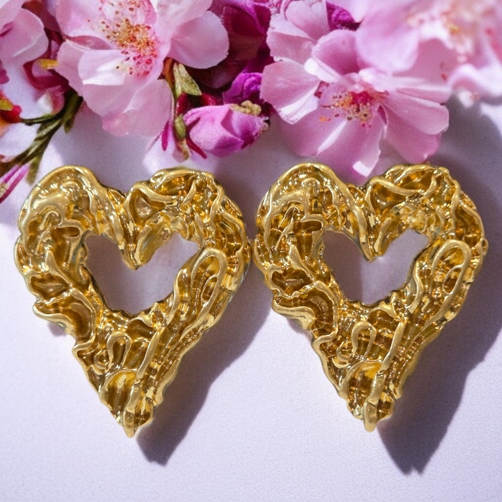 18k Gold Plated Chunky Molten Heart Oversized Earrings - Picture 7 of 7
